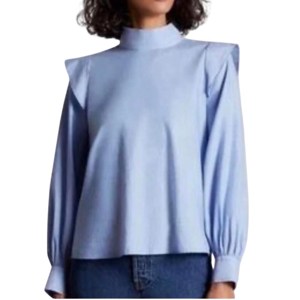 Everlane Wing Shoulder Mockneck Silky Cotton Blouse Blue Size 6